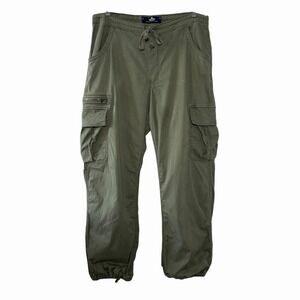 Hollister Parachute Baggy Cargo Pants L Olive Green Drawstring Hem Y2K Utility